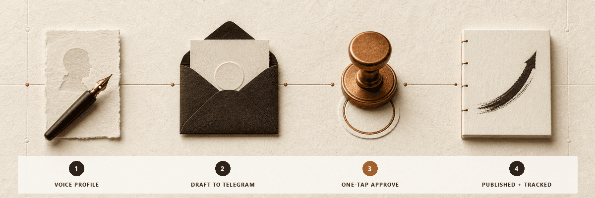 Diagram of the Thoughtcast daily loop: evening draft, approval on Telegram, morning publish