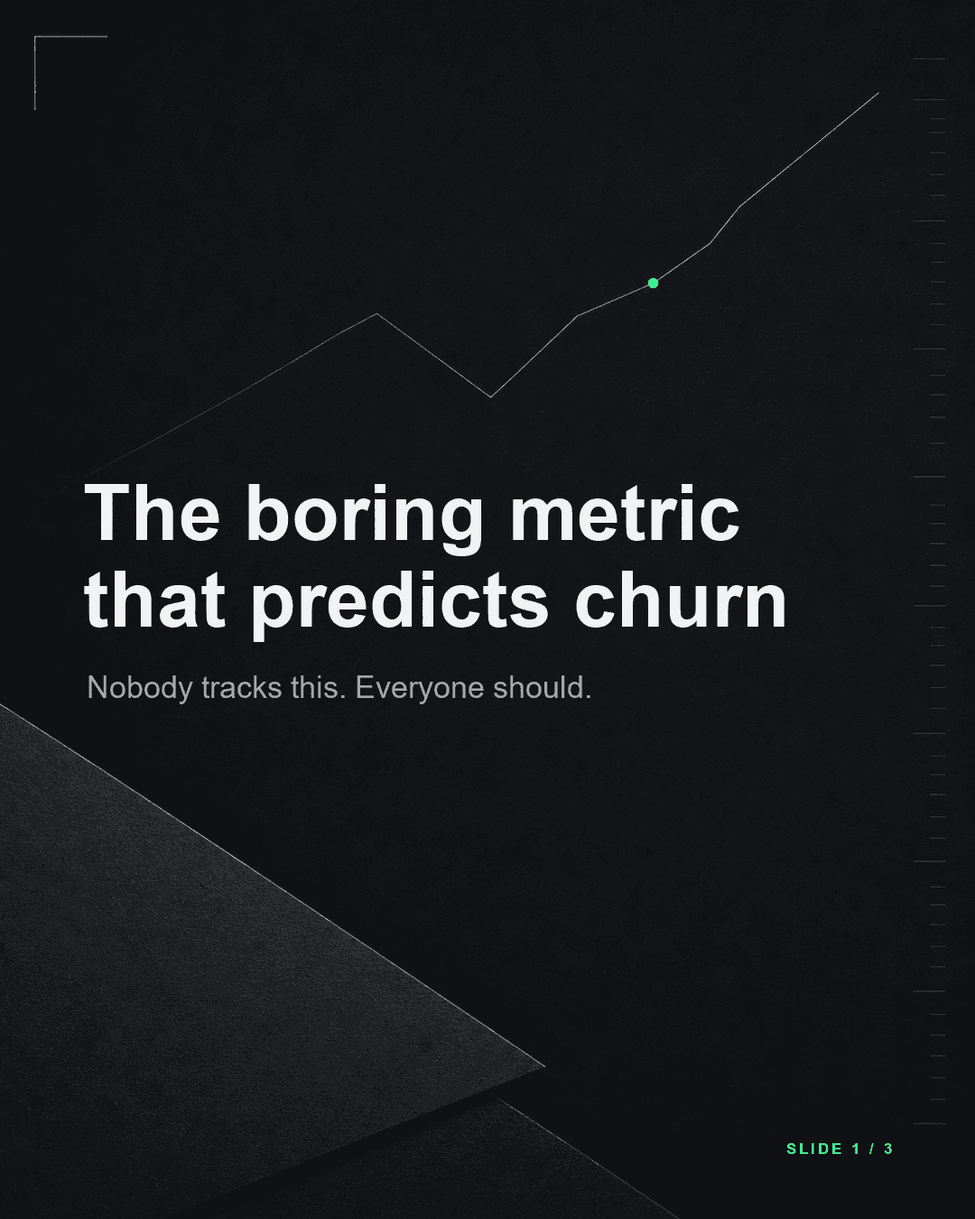 LedgerCo sample carousel cover slide, dark fintech editorial style, titled 'The boring metric that predicts churn'