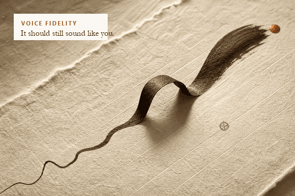 Abstract illustration representing voice fidelity — a draft checked against a personal voice profile